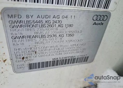 2011 Audi Q5 Premium Plus from USA, damaged, VIN WA1LFAFP9BA101597